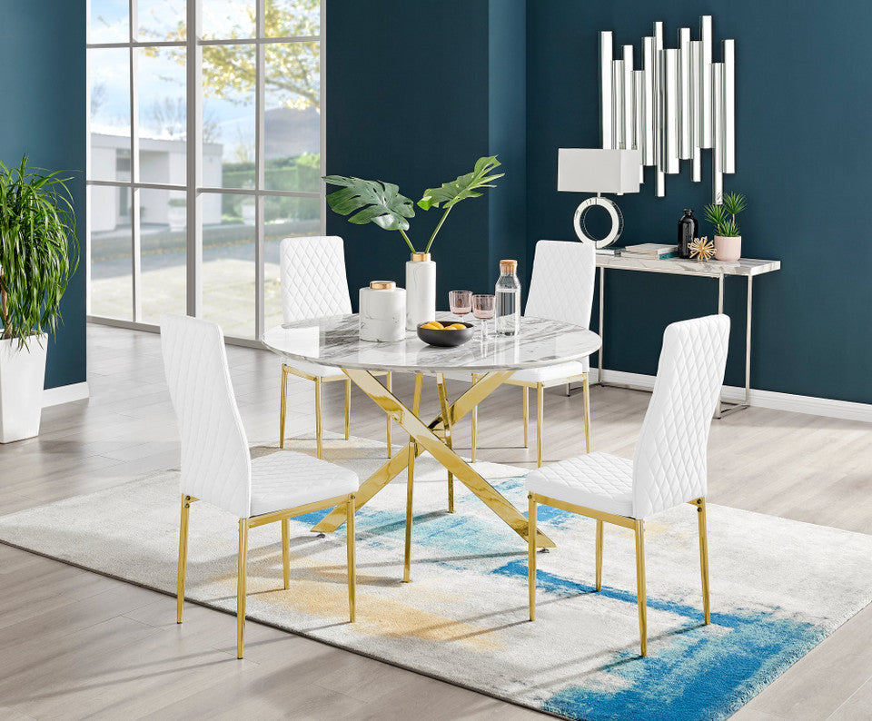 Novara White Marble Gold Leg 120cm Round Dining Table & 4 Milan Gold Leg Chairs