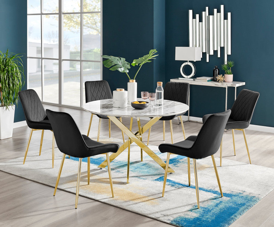Novara White Marble Gold Leg 120cm Round Dining Table & 6 Pesaro Gold Leg Chairs