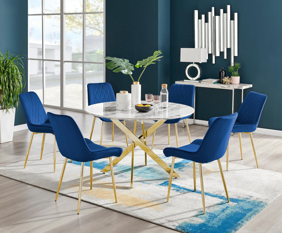 Novara White Marble Gold Leg 120cm Round Dining Table & 6 Pesaro Gold Leg Chairs