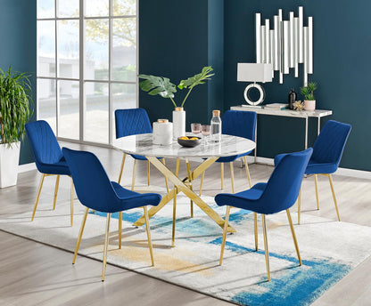 Novara White Marble Gold Leg 120cm Round Dining Table & 6 Pesaro Gold Leg Chairs