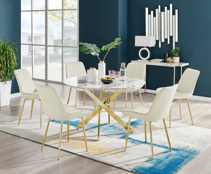 Novara White Marble Gold Leg 120cm Round Dining Table & 6 Pesaro Gold Leg Chairs