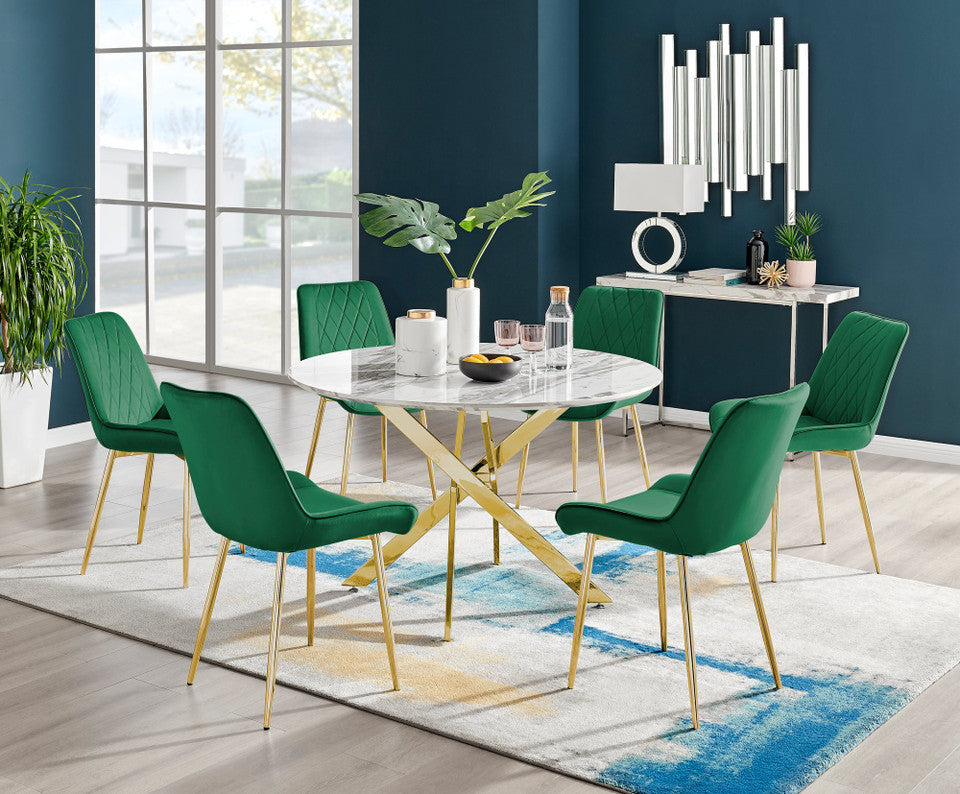 Novara White Marble Gold Leg 120cm Round Dining Table & 6 Pesaro Gold Leg Chairs