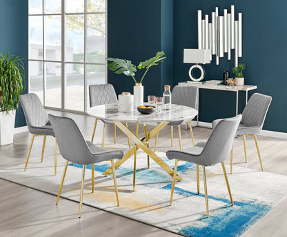 Novara White Marble Gold Leg 120cm Round Dining Table & 6 Pesaro Gold Leg Chairs