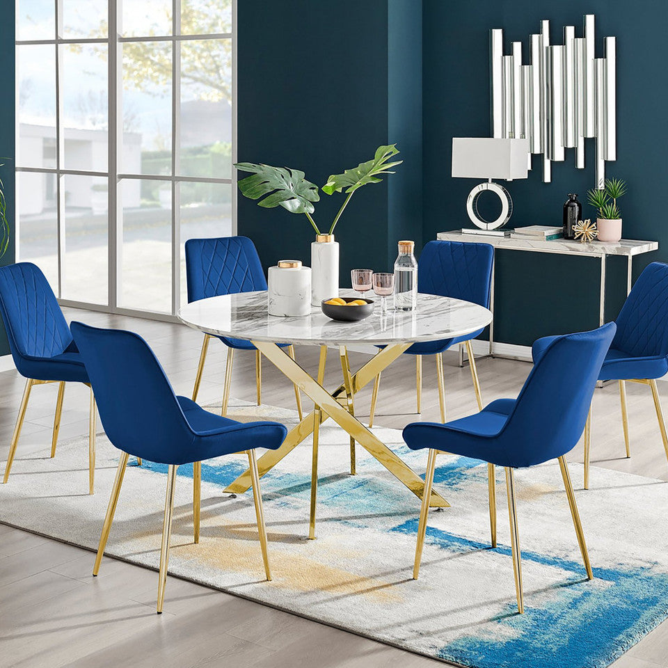 Novara White Marble Gold Leg 120cm Round Dining Table & 6 Pesaro Gold Leg Chairs