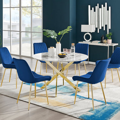 Novara White Marble Gold Leg 120cm Round Dining Table & 6 Pesaro Gold Leg Chairs