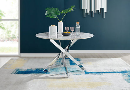 Novara White Marble 120cm Round Dining Table & 4 Calla Silver Leg Chairs
