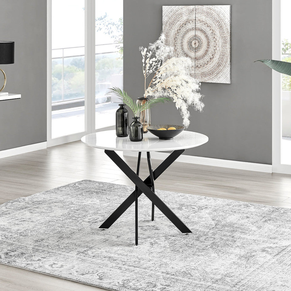 Novara Round White High Gloss and Black Metal 4 Seater Dining Table