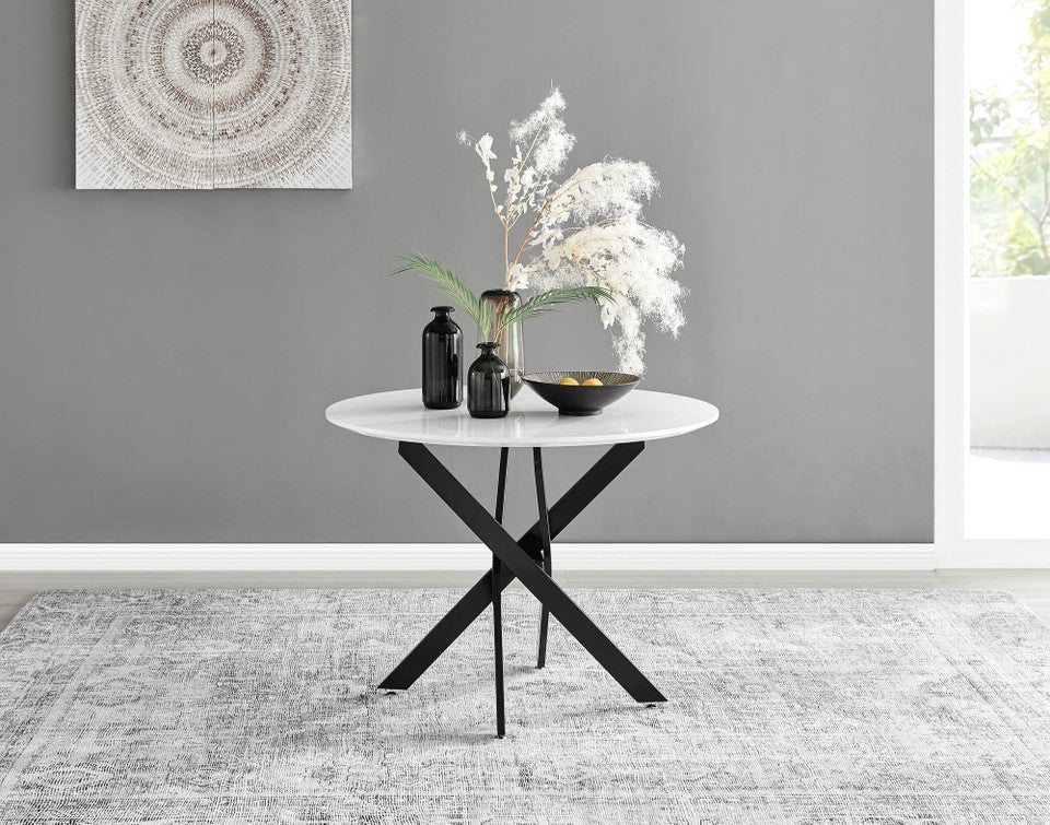 Novara Round White High Gloss and Black Metal 4 Seater Dining Table