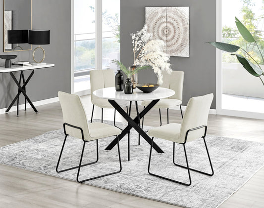 Novara White Gloss Black Leg Round Dining Table & 4 Halle Chairs