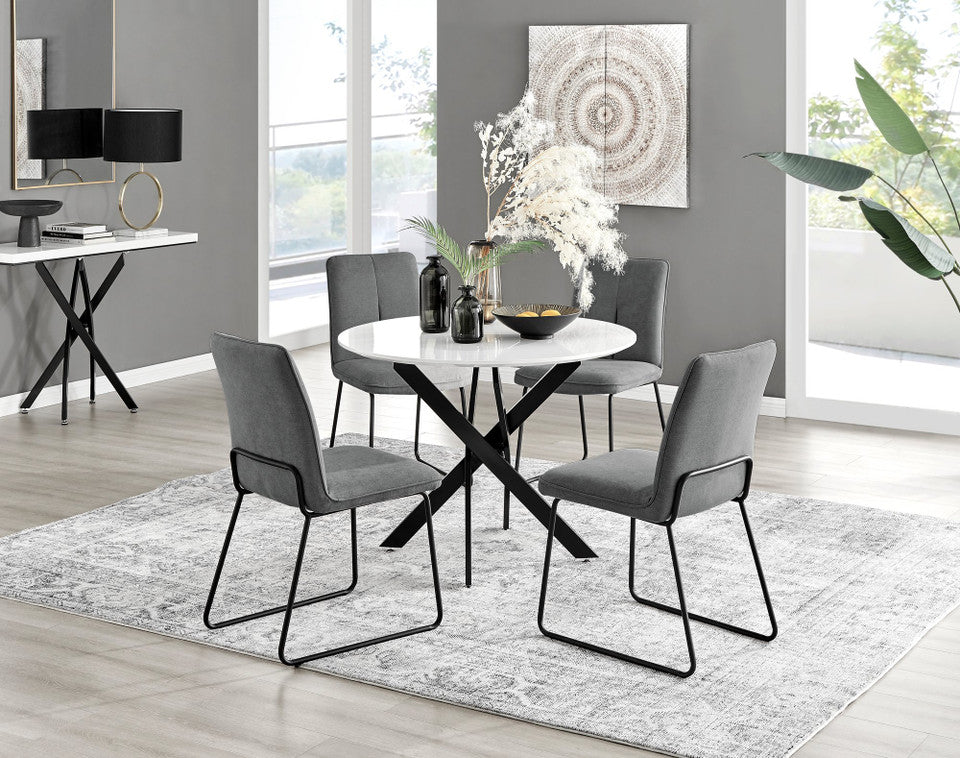 Novara White Gloss Black Leg Round Dining Table & 4 Halle Chairs