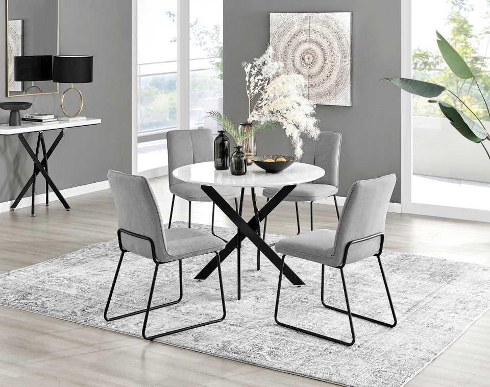 Novara White Gloss Black Leg Round Dining Table & 4 Halle Chairs