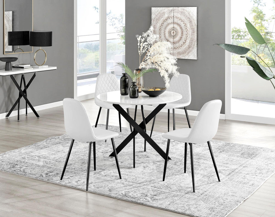 Novara White Gloss Black Leg Round Dining Table & 4 Corona Black Leg Chairs