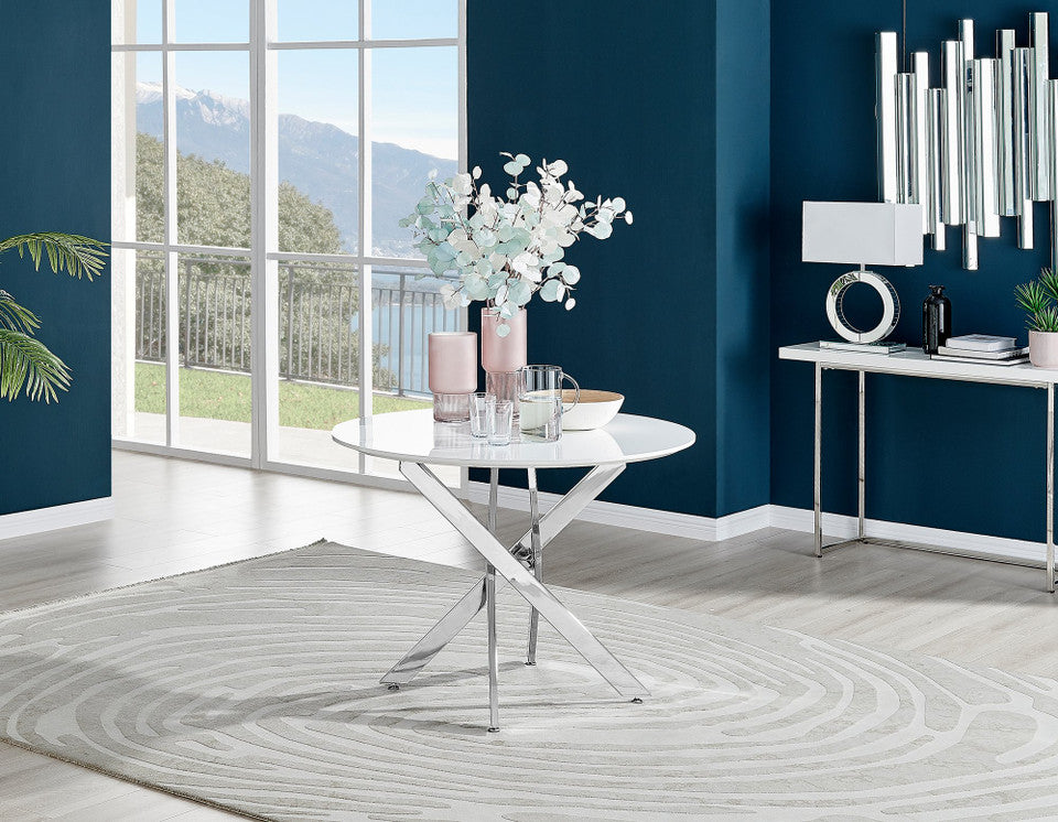 Novara White High Gloss Round Dining Table & 4 Milan Chrome Leg Chairs