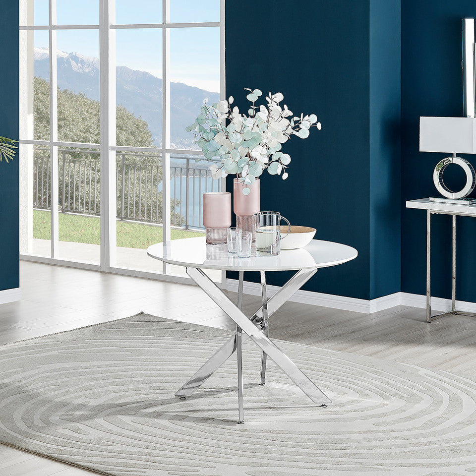 Novara Round White High Gloss and Black Metal 4 Seater Dining Table