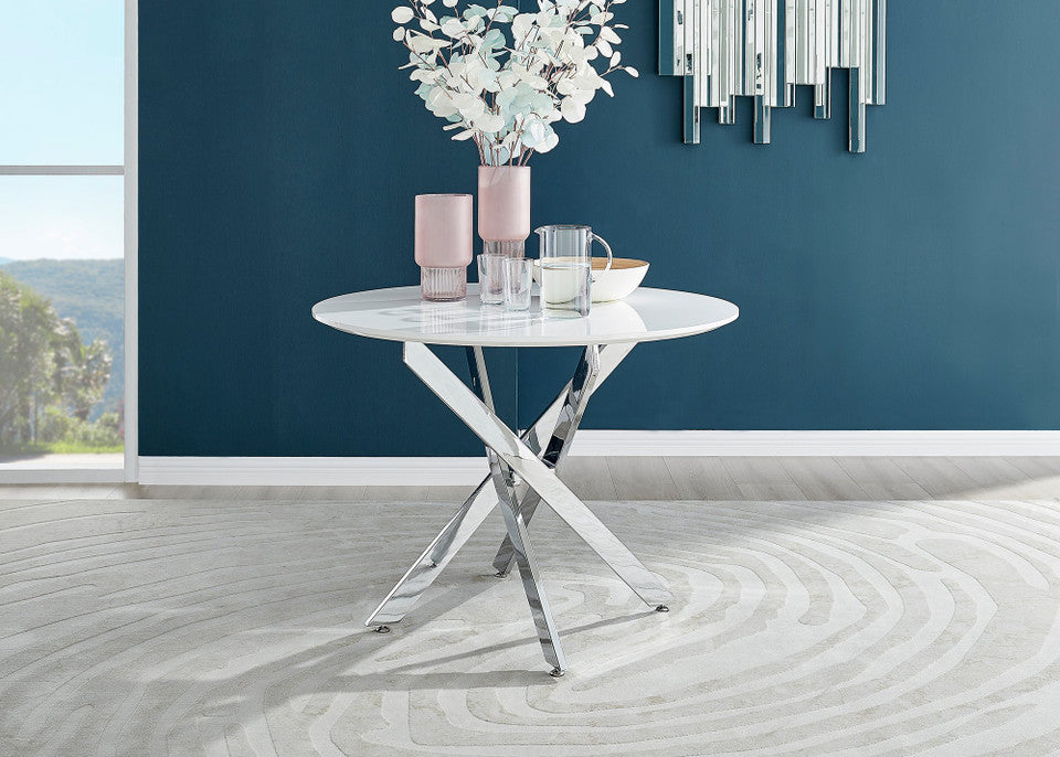 Novara White High Gloss Round Dining Table & 4 Milan Chrome Leg Chairs