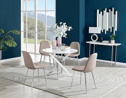 Novara White High Gloss Round Dining Table & 4 Corona Silver Leg Chairs
