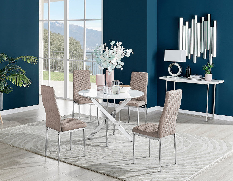 Novara White High Gloss Round Dining Table & 4 Milan Chrome Leg Chairs