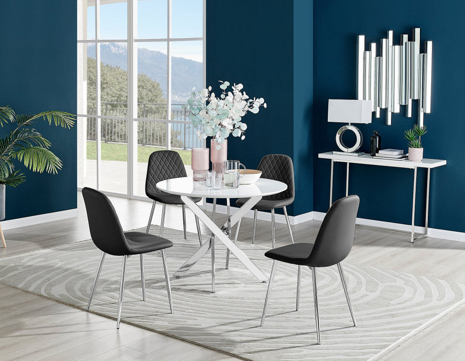 Novara White High Gloss Round Dining Table & 4 Corona Silver Leg Chairs