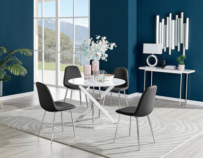 Novara White High Gloss Round Dining Table & 4 Corona Silver Leg Chairs