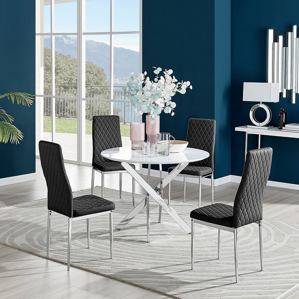 Novara White High Gloss Round Dining Table & 4 Milan Chrome Leg Chairs