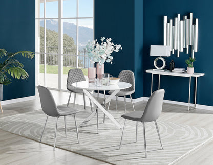 Novara White High Gloss Round Dining Table & 4 Corona Silver Leg Chairs