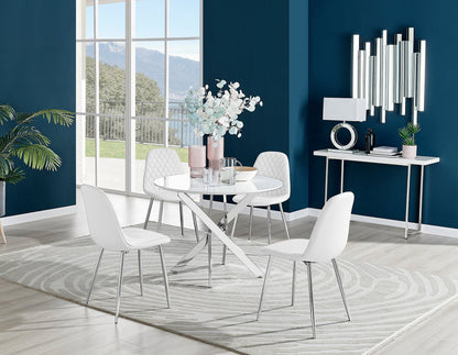 Novara White High Gloss Round Dining Table & 4 Corona Silver Leg Chairs