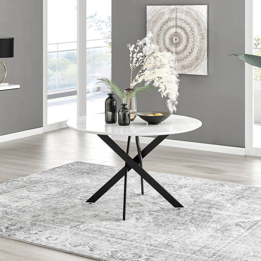 Novara Round White High Gloss and Black Metal 4-6 Seater Dining Table