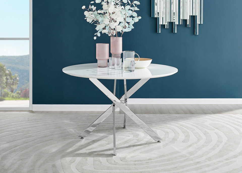 Novara White High Gloss 120cm Round Dining Table & 6 Pesaro Silver Leg Chairs