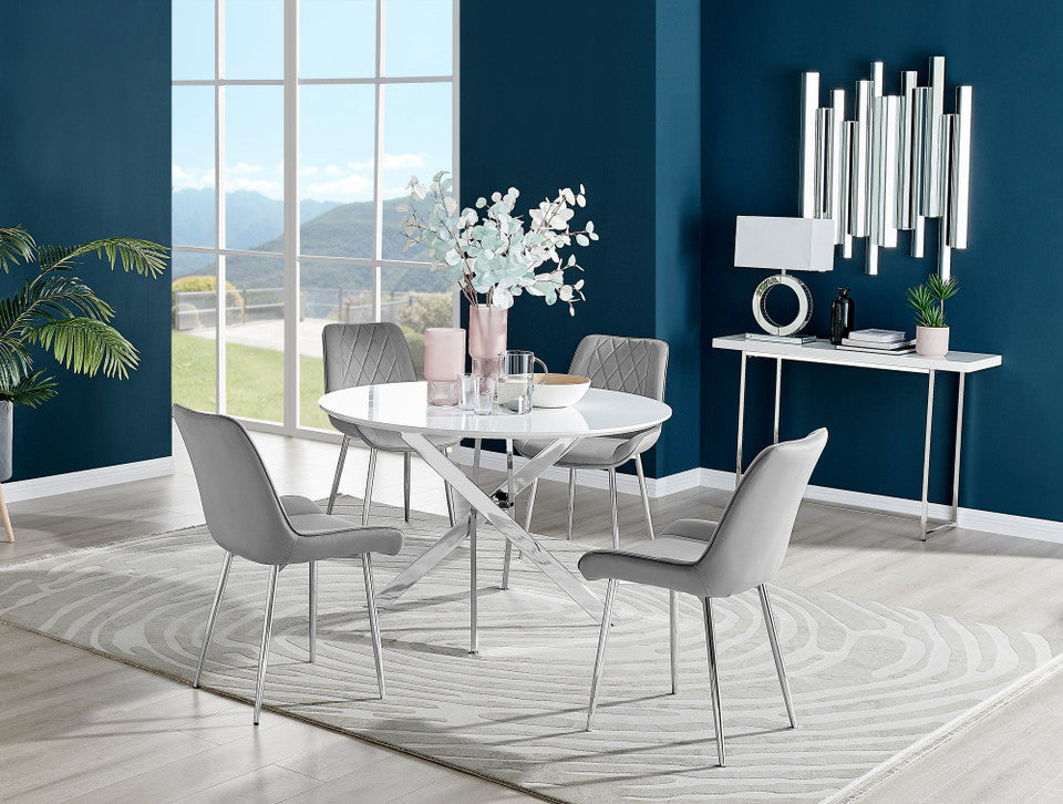 Novara White High Gloss 120cm Round Dining Table & 6 Pesaro Silver Leg Chairs