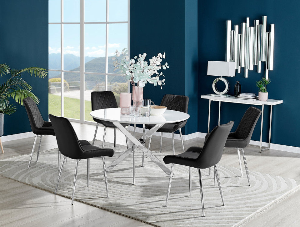 Novara White High Gloss 120cm Round Dining Table & 6 Pesaro Silver Leg Chairs
