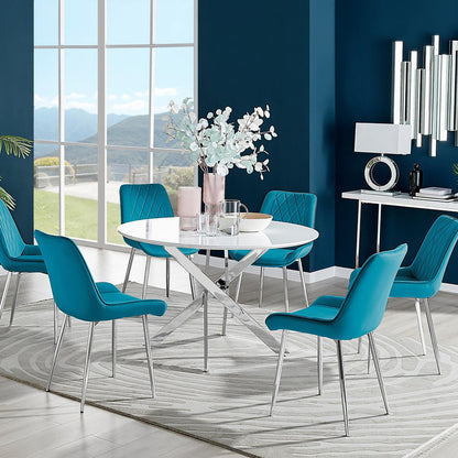 Novara White High Gloss 120cm Round Dining Table & 6 Pesaro Silver Leg Chairs