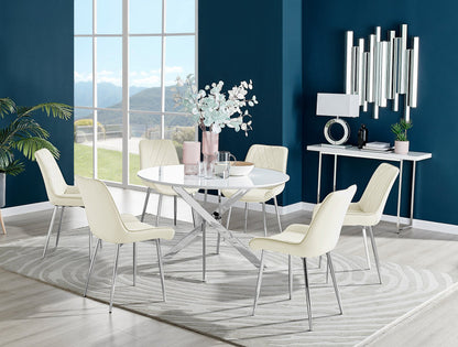 Novara White High Gloss 120cm Round Dining Table & 6 Pesaro Silver Leg Chairs