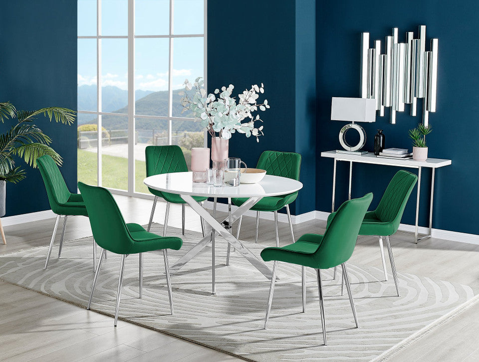 Novara White High Gloss 120cm Round Dining Table & 6 Pesaro Silver Leg Chairs