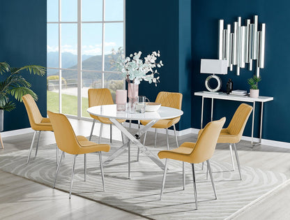 Novara White High Gloss 120cm Round Dining Table & 6 Pesaro Silver Leg Chairs