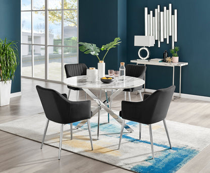 Novara White Marble 120cm Round Dining Table & 4 Calla Silver Leg Chairs