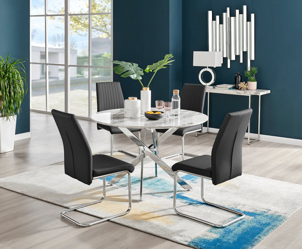 Novara White Marble 120cm Round Dining Table & 4 Lorenzo Chairs