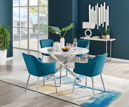 Novara White Marble 120cm Round Dining Table & 4 Calla Silver Leg Chairs