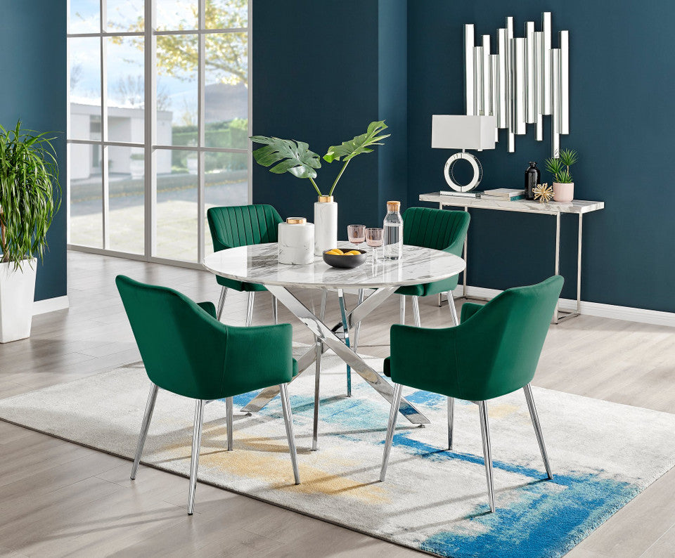 Novara White Marble 120cm Round Dining Table & 4 Calla Silver Leg Chairs