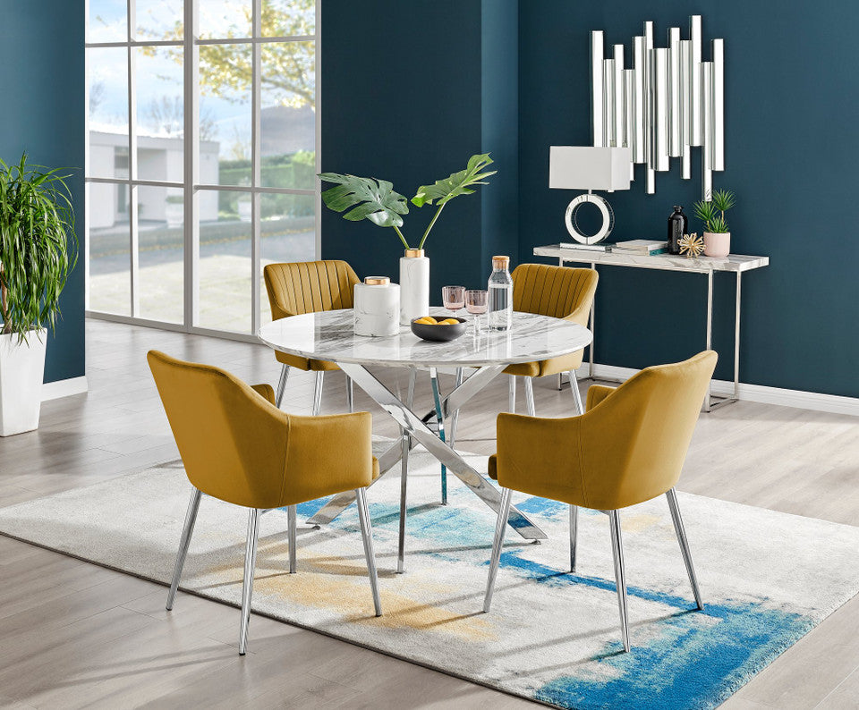 Novara White Marble 120cm Round Dining Table & 4 Calla Silver Leg Chairs