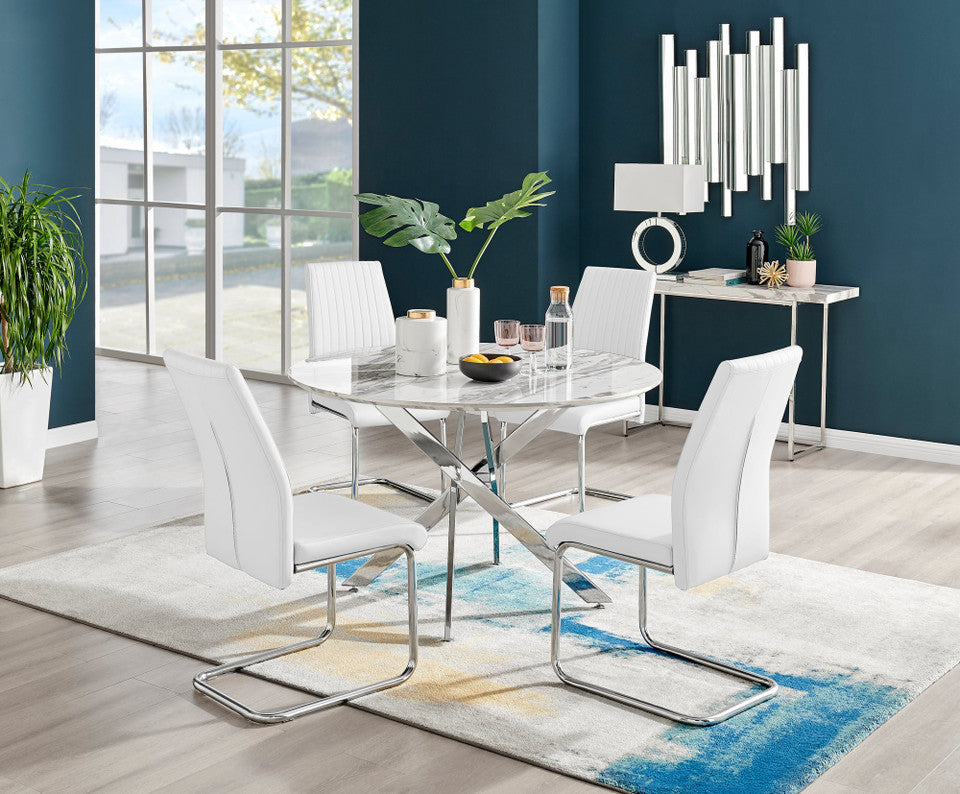 Novara White Marble 120cm Round Dining Table & 4 Lorenzo Chairs