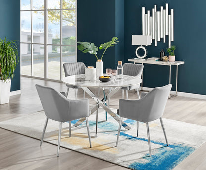 Novara White Marble 120cm Round Dining Table & 4 Calla Silver Leg Chairs