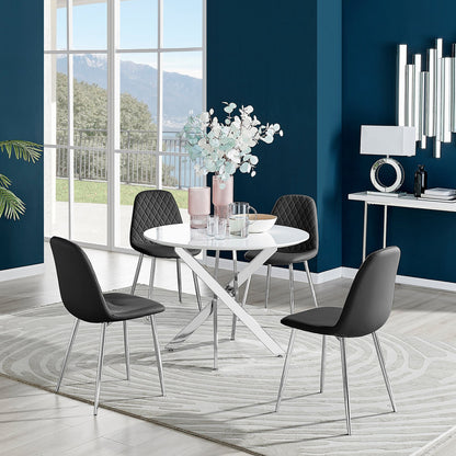 Novara White High Gloss Round Dining Table & 4 Corona Silver Leg Chairs