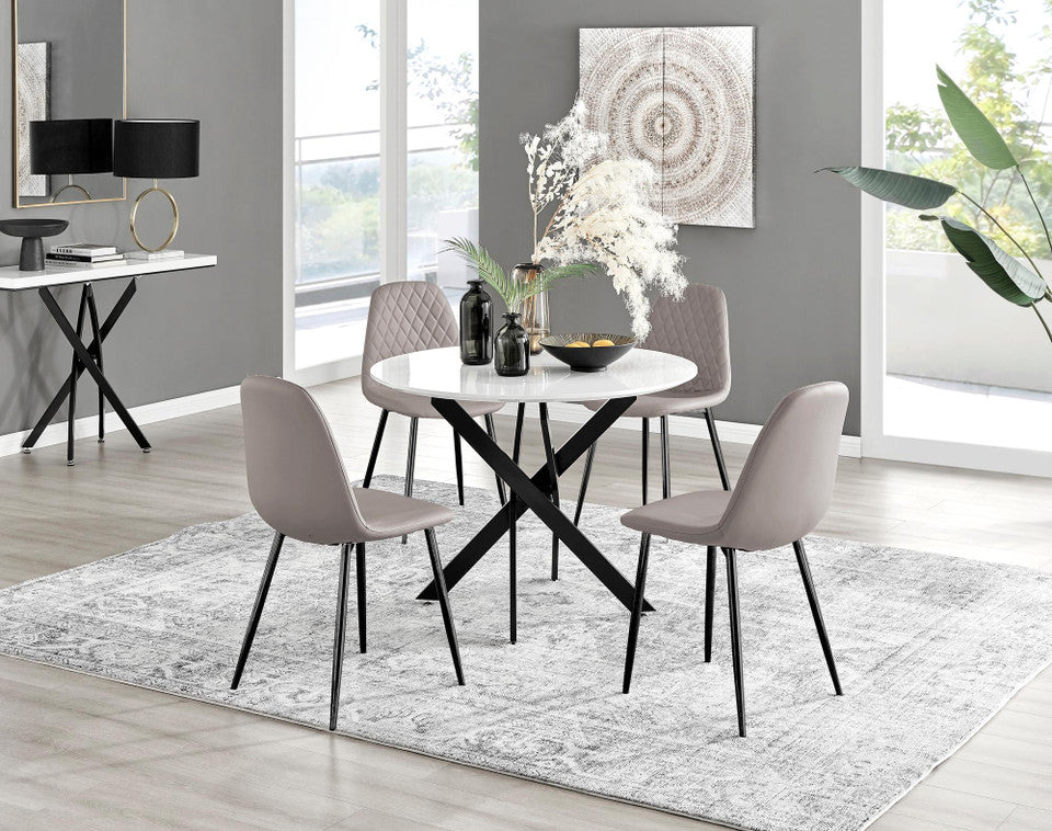 Novara White Gloss Black Leg Round Dining Table & 4 Corona Black Leg Chairs