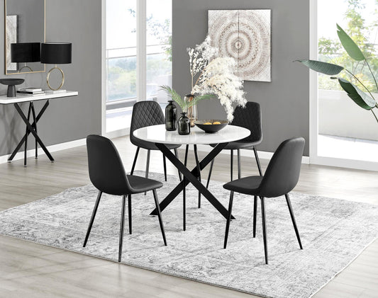 Novara White Gloss Black Leg Round Dining Table & 4 Corona Black Leg Chairs