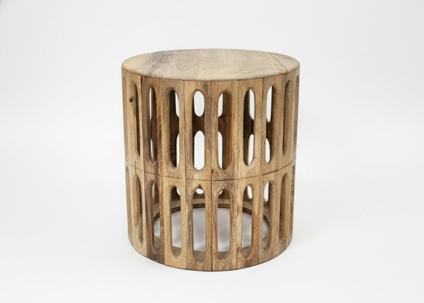Kankra Wooden Carved Oval Tile Design Bevelled Wood Top Side Table