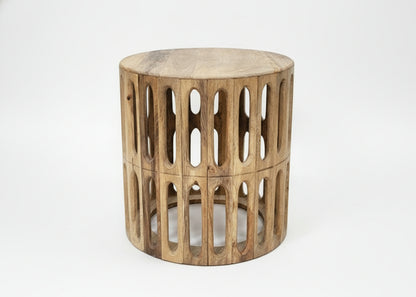 Kankra Wooden Carved Oval Tile Design Bevelled Wood Top Side Table