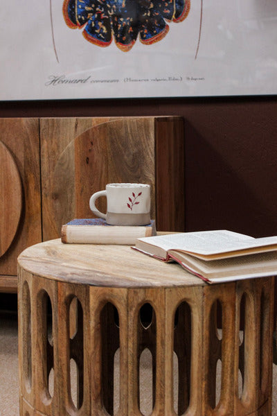 Kankra Wooden Carved Oval Tile Design Bevelled Wood Top Side Table