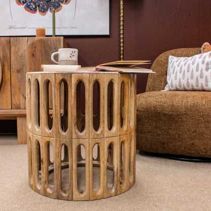 Kankra Wooden Carved Oval Tile Design Bevelled Wood Top Side Table