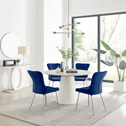 Palma Beige Stone Effect Round Dining Table & 4 Nora Silver Leg Chairs