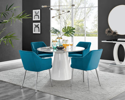Palma White Marble Effect Round Dining Table & 4 Calla Silver Leg Chairs